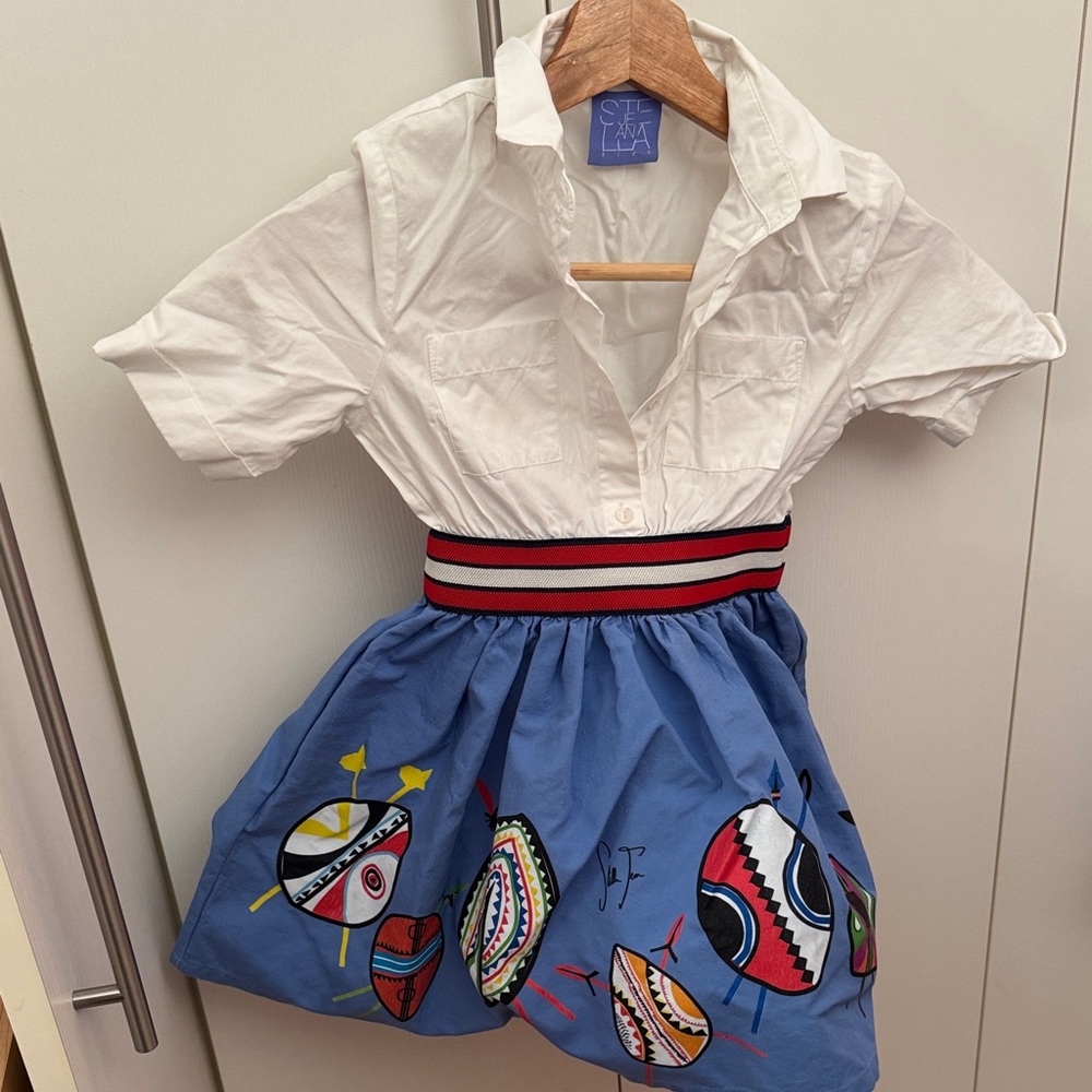 Stella Jean kids 6y White and Blue Dress with Colorful Patterns